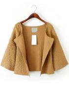 Romwe Open Front 3/4 Sleeve Jacquard Crop Khaki Coat
