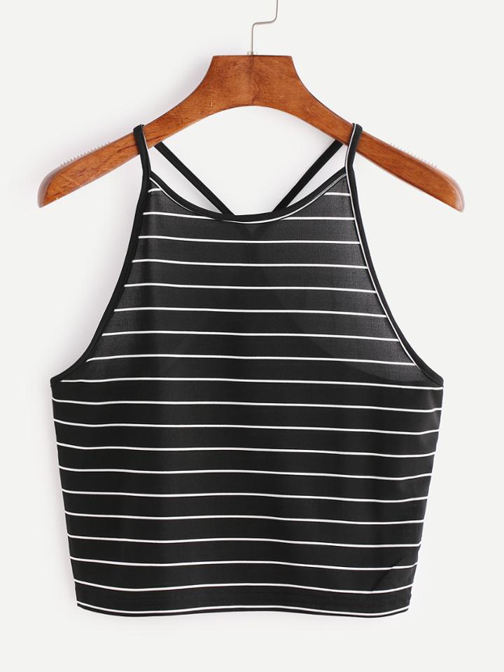 Romwe Black Striped Criss Cross Back Top