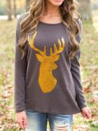 Romwe Deer Print Long Sleeve Coffee T-shirt