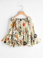 Romwe Floral Print Bell Sleeve Top