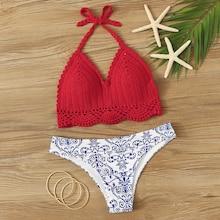 Romwe Crochet Halter Top With Porcelain Print Bikini Set
