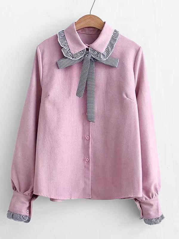 Romwe Gingham Trim Tie Neck Corduroy Blouse