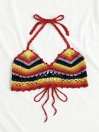 Romwe Block Striped Halter Crochet Bikini Top
