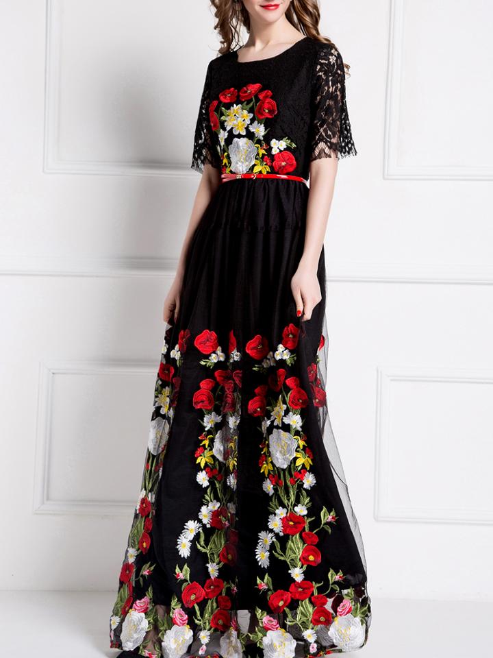 Romwe Black Gauze Embroidered Belted Lace Maxi Dress