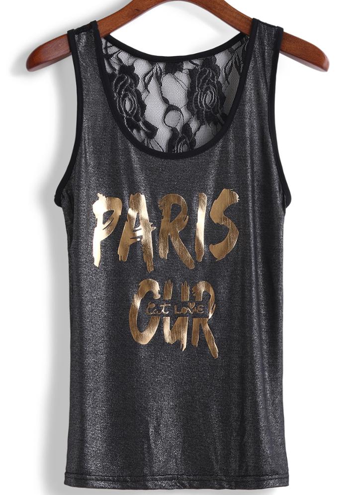 Romwe Back Lace Letter Print Tank Top