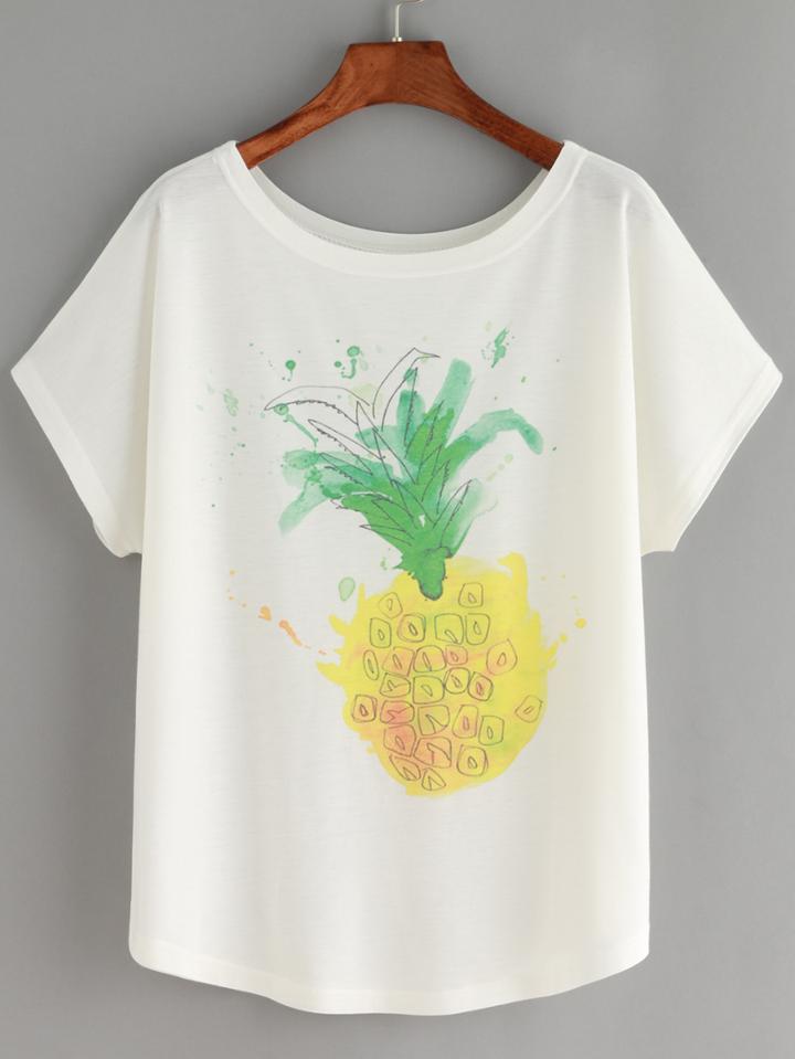Romwe Pineapple Print White T-shirt
