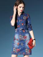 Romwe Blue Lapel Half Sleeve Drawstring Pockets Print Denim Dress