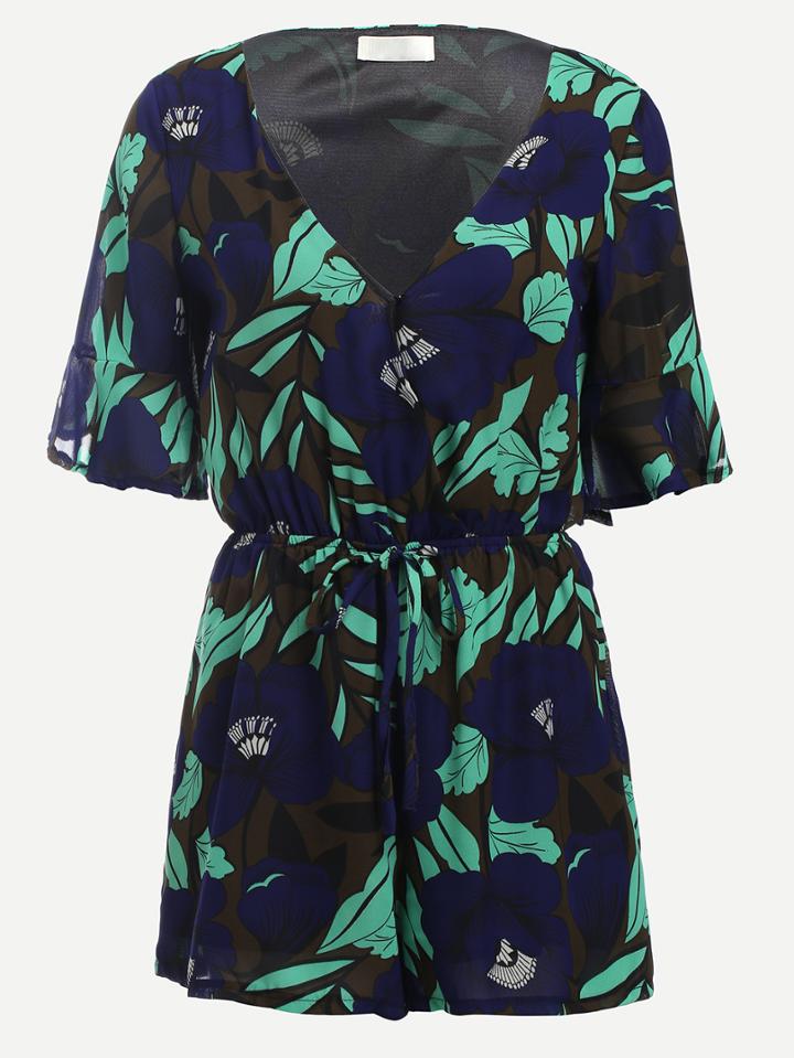 Romwe V Neck Random Floral Print Drawstring Waist Chiffon Romper