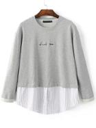 Romwe Grey Letter Embroidery 2 In 1 Striped Hem Sweatshirt