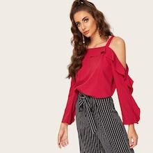 Romwe Open Shoulder Ruffle Trim Blouse