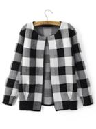 Romwe Black And White Checkered Open Front Cardigan