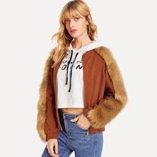 Romwe Zip Front Faux Fur Contrast Coat