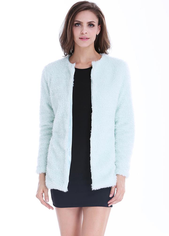 Romwe Faux Fur Collarless Pockets Coat