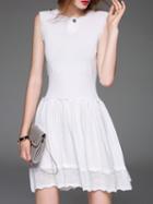 Romwe White Knit Ruffle Mesh A-line Dress