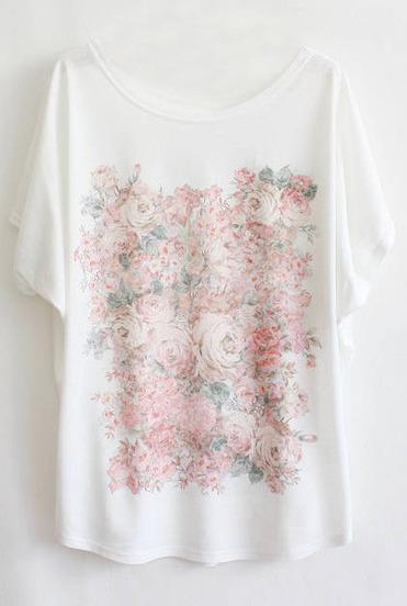 Romwe Batwing Flowers Print T-shirt