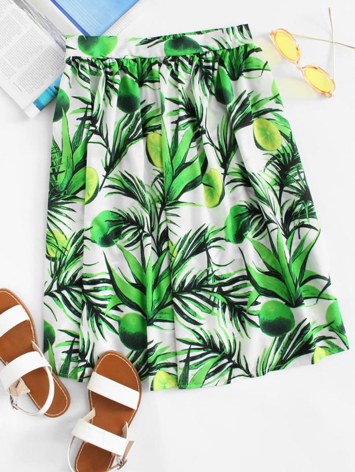 Romwe Elastic Waist Plant Print Skirt