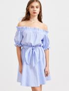 Romwe Blue Striped Ruffle Detail Belted Off The Shoulder Dress