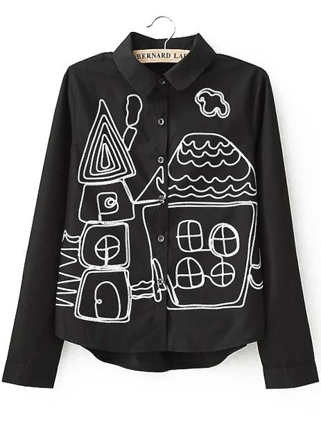 Romwe Lapel Dip Hem Graffiti Print Black Blouse