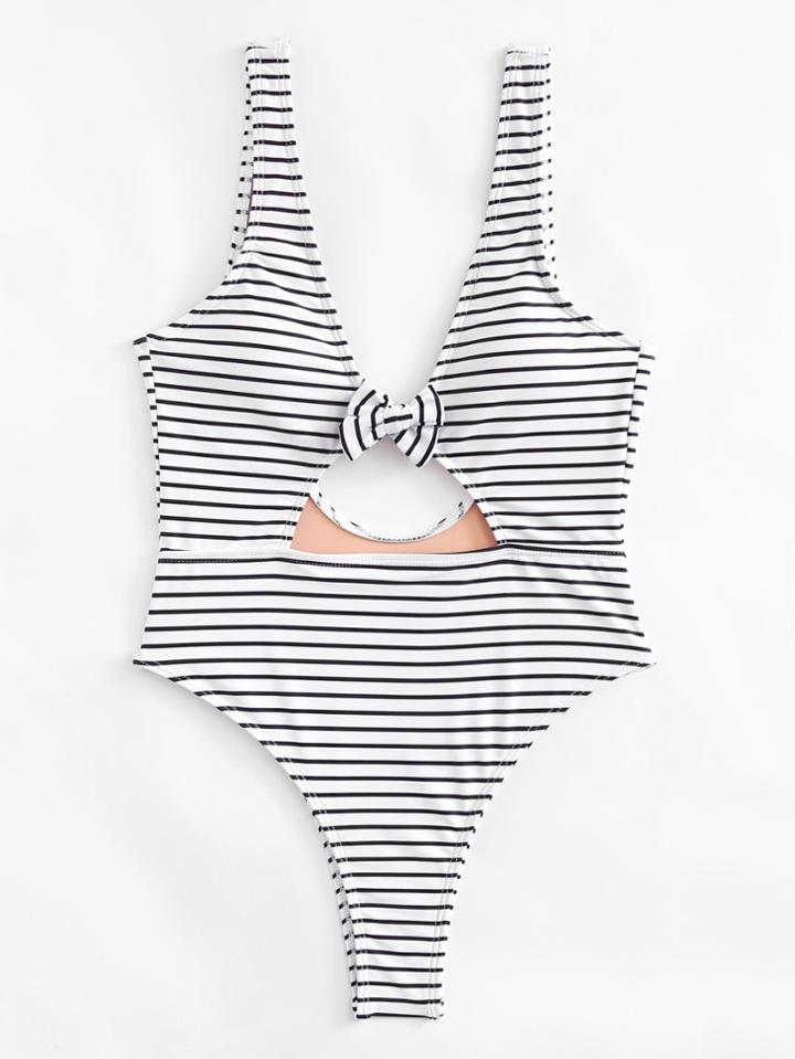Romwe Bow Tie Striped Swimsuit
