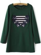 Romwe Green Long Sleeve Embroidered Loose Dress