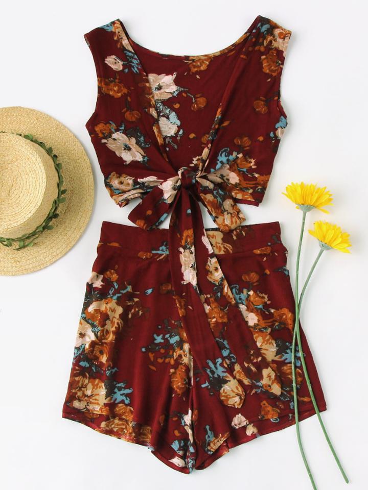 Romwe Random Floral Print V Back Tie Multiway Top With Shorts