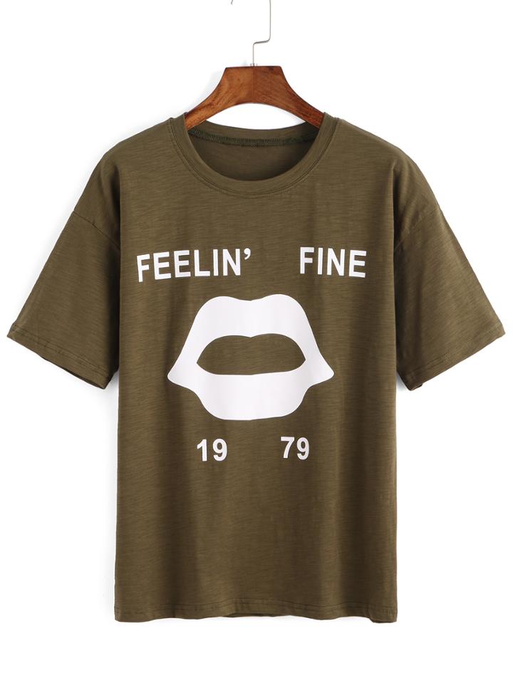 Romwe Lips Print Army Green T-shirt