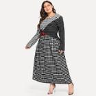 Romwe Plus Gingham Contrast Striped Longline Dress