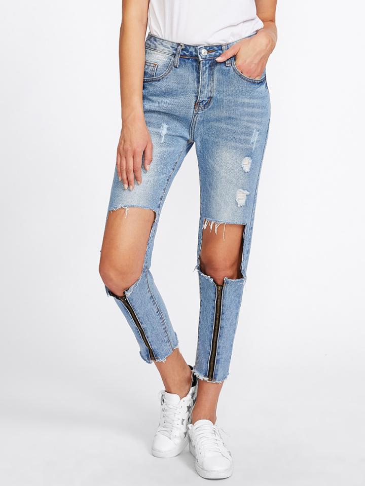 Romwe Zipper Ripped Knees Frayed Hem Crop Jeans