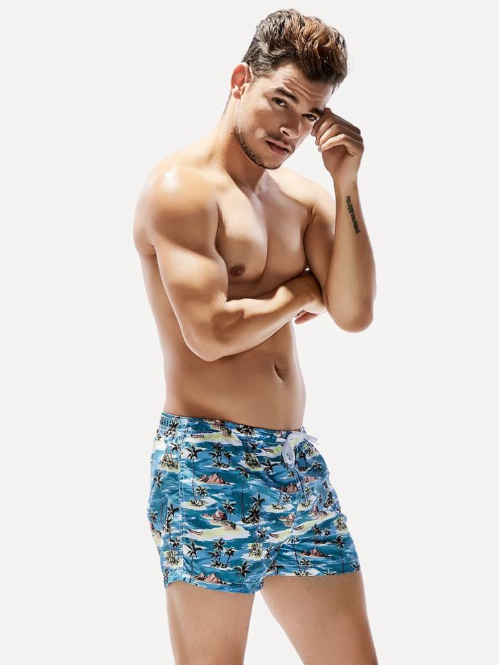 Romwe Foliage Print Drawstring Beach Shorts