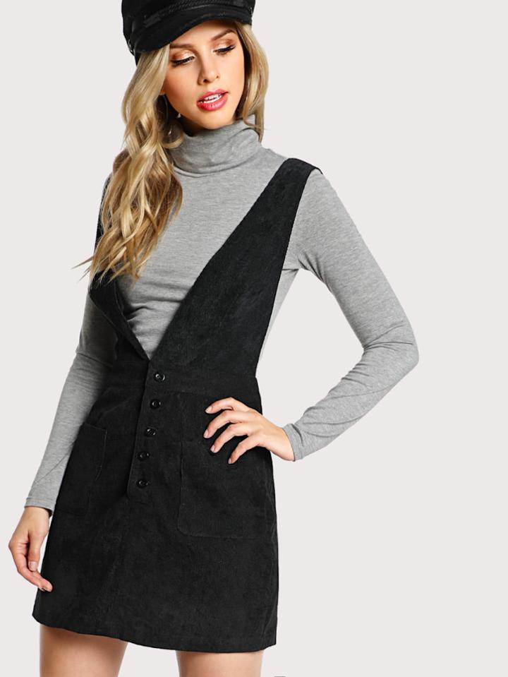 Romwe Crisscross Buttoned Plunge Pinafore Dress