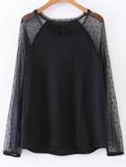 Romwe Black Polka Dot Mesh Raglan Sleeve Top