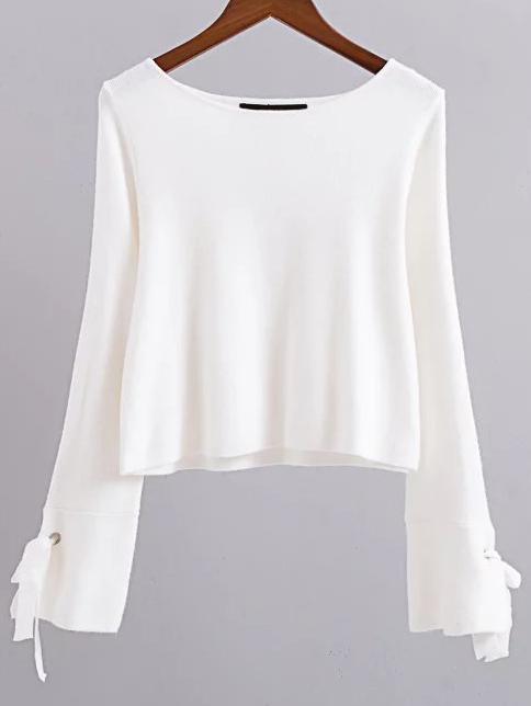 Romwe White Eyelet Lace Up Sleeve Knitwear