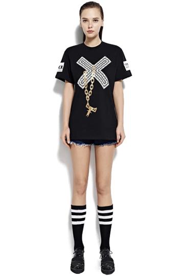 Romwe Inxx Cross Chian Print Black T-shirt