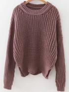 Romwe Brown Round Neck Asymmetrical Hem Sweater