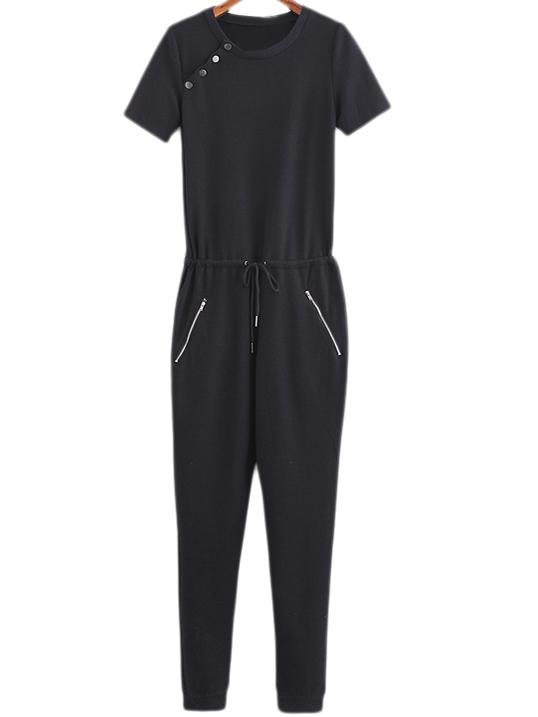 Romwe Black Buttons Zippers Drawstring Jumpsuit