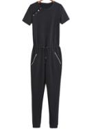 Romwe Black Buttons Zippers Drawstring Jumpsuit