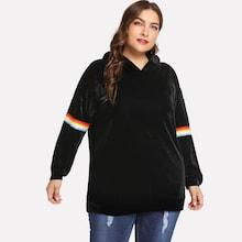 Romwe Plus Striped Sleeve Velvet Hoodie