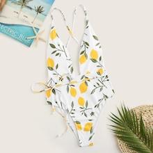 Romwe Plunge Neck Criss-cross Back Floral One Piece Swimsuit