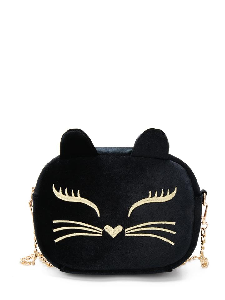 Romwe Cat Shape Embroidered Velvet Bag
