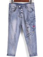 Romwe Single-breasted Embroidered Denim Pant