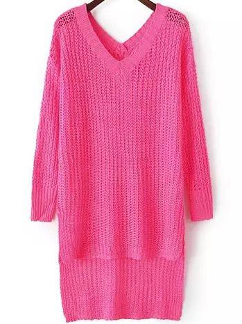 Romwe V Neck Dip Hem Rose Red Sweater