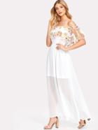 Romwe Semi Sheer Embroidered Flounce Bardot Dress