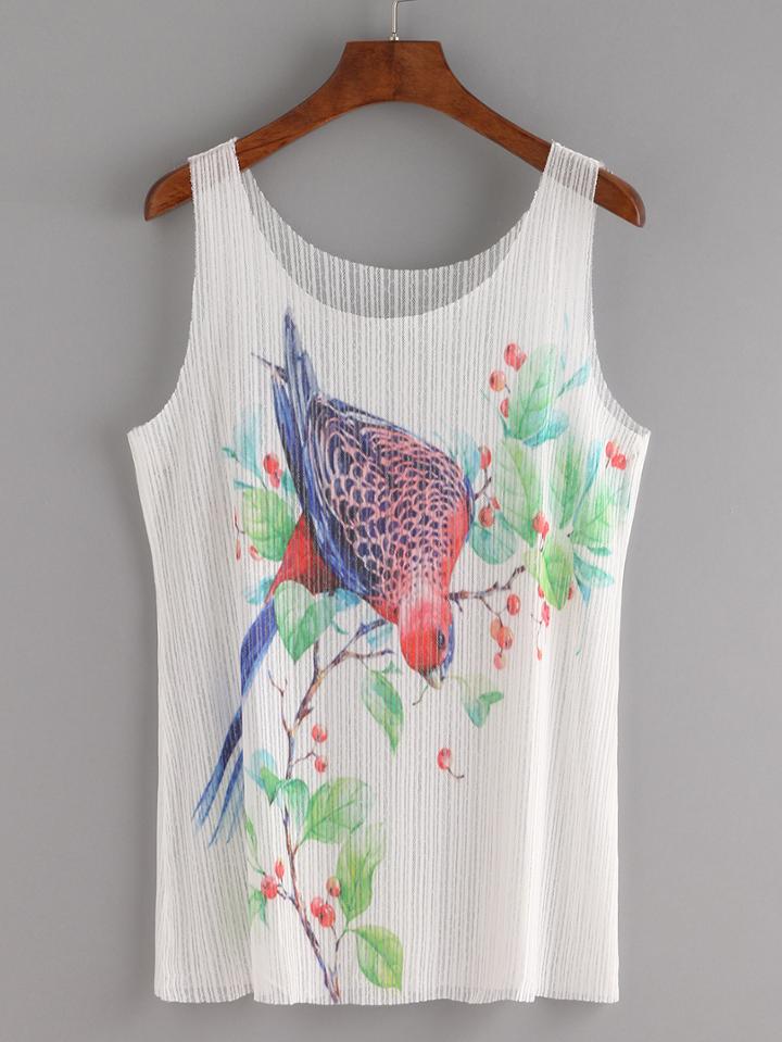 Romwe Branch & Bird Print Mesh Tank Top - White