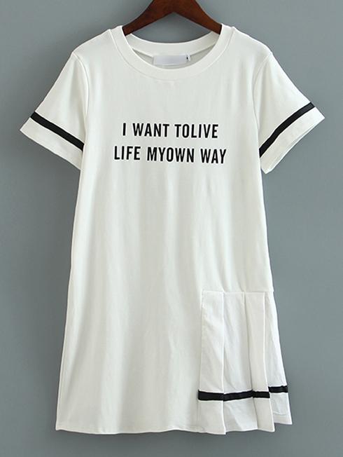 Romwe White Letter Pleated Side Casual Dress