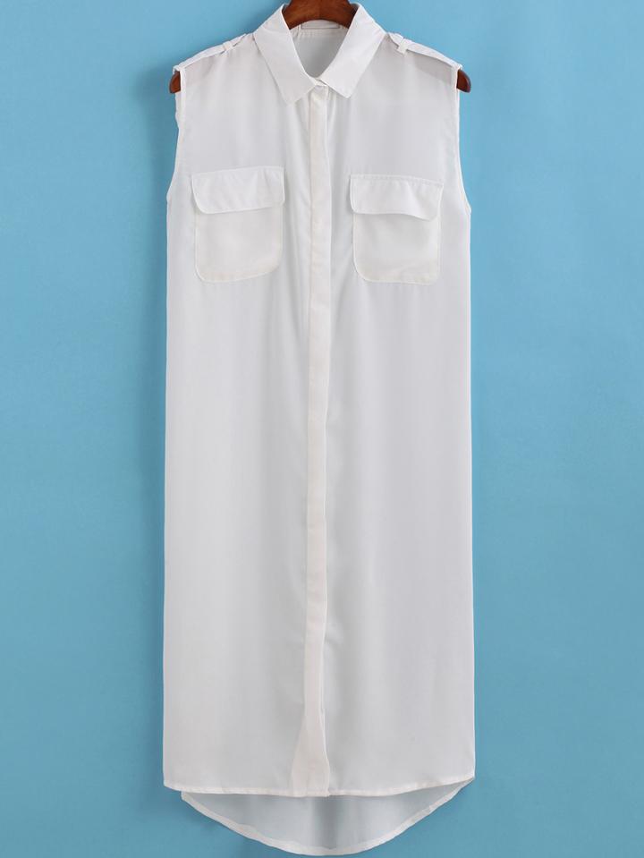 Romwe Lapel Sleeveless Dip Hem Pocket Chiffon Blouse