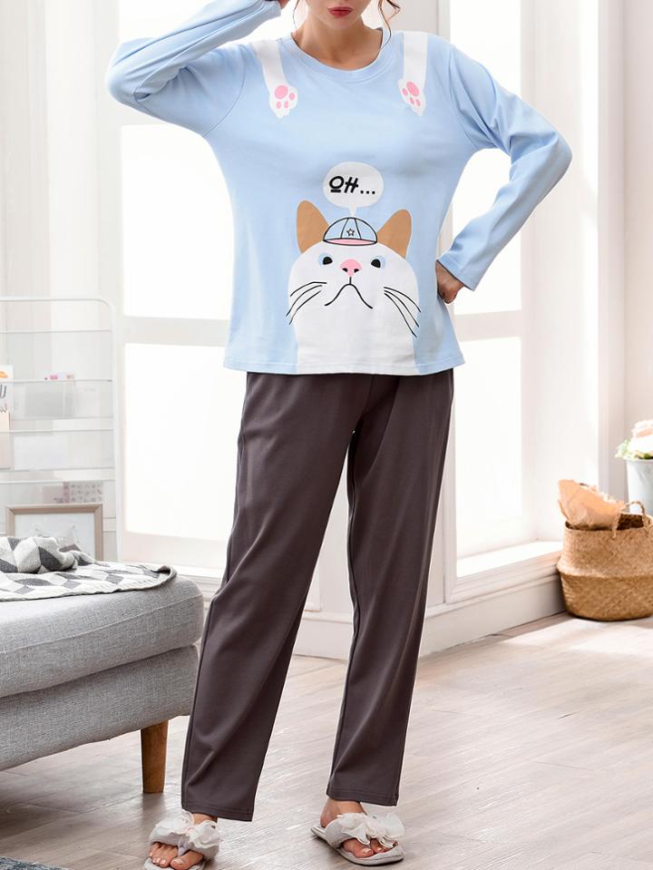 Romwe Cartoon Cat Print Tee & Pants Pj Set