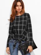 Romwe Knot Front Grid Top