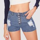 Romwe Button Fly Ripped Denim Shorts