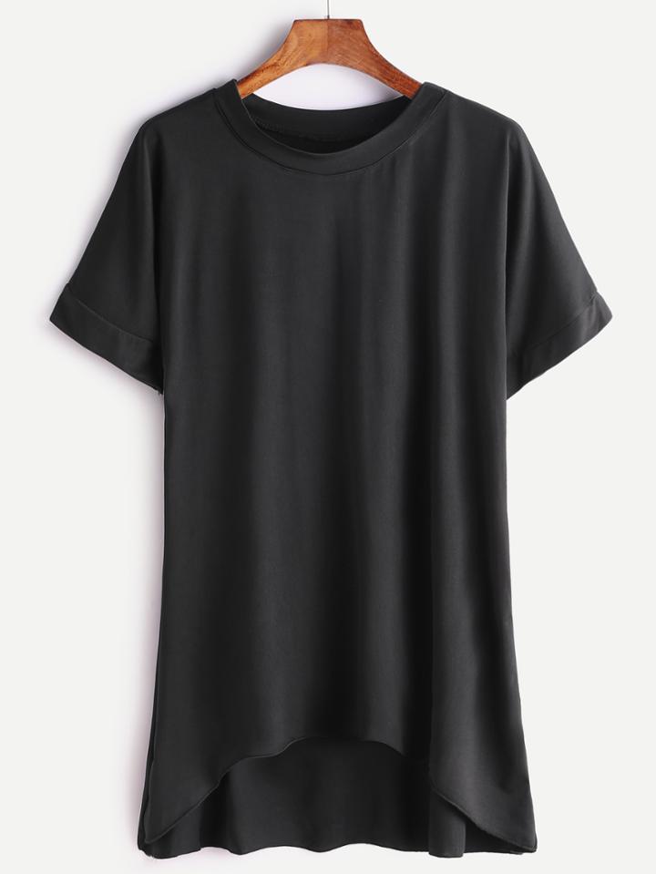 Romwe Black Short Sleeve Dip Hem T-shirt