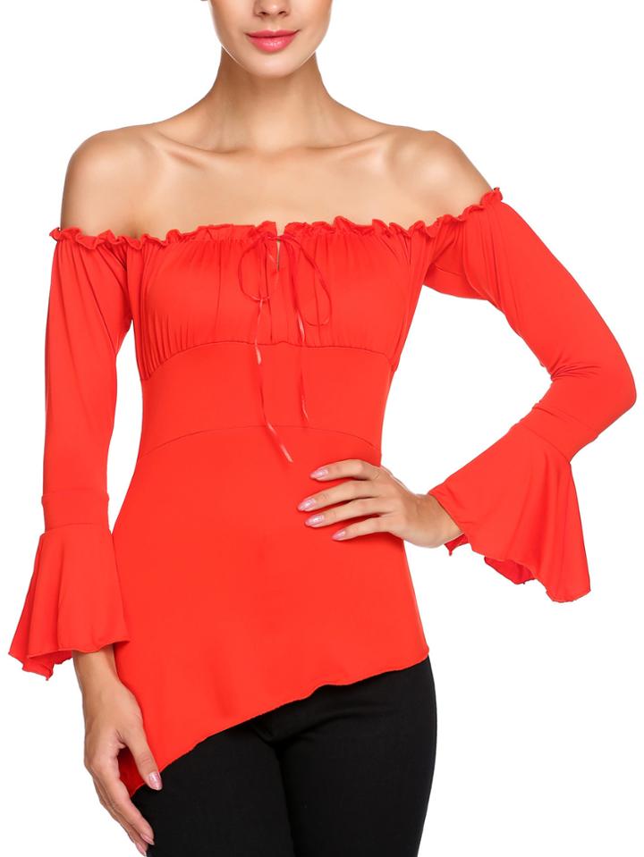 Romwe Off The Shoulder Bell Sleeve Asymmetrical Red Blouse